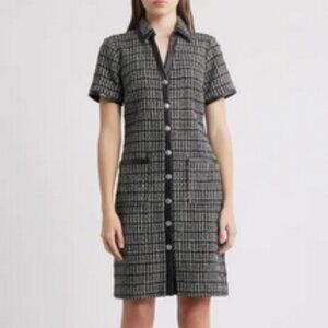 ELIZA J Black Button Front Tweed Faux Leather Trim Shirtdress. Sz: 6